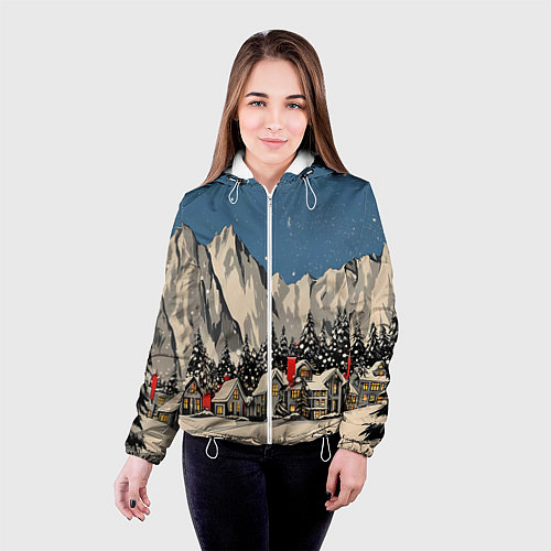 Женская куртка Небольшой новогодний город в горах / 3D-Белый – фото 4