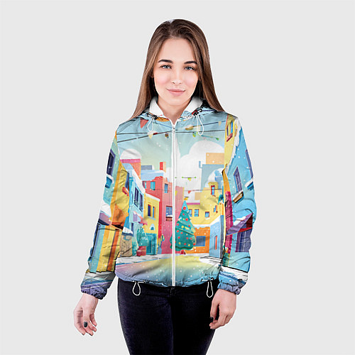 Женская куртка Разноцветный новогодний дворик / 3D-Белый – фото 4