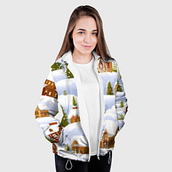 Куртка с капюшоном женская Новогодние домики и елочки, цвет: 3D-белый — фото 2