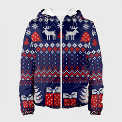 Куртка с капюшоном женская Новогодний вязаный паттерн, цвет: 3D-белый