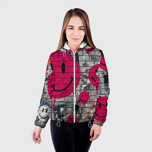 Женская куртка Розовые смайлы граффити / 3D-Белый – фото 4