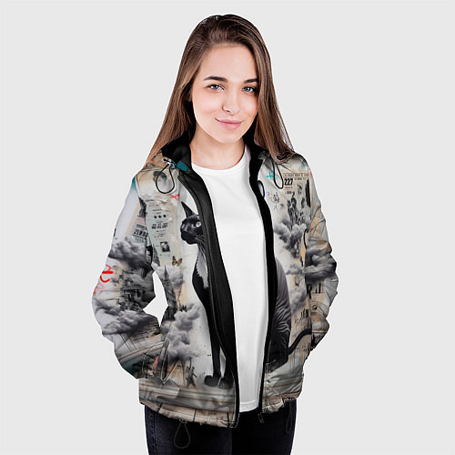 Женская куртка Кошка Корниш-рекс - ретро граффити / 3D-Черный – фото 3