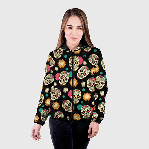 Женская куртка День мертвецов - черепа / 3D-Черный – фото 4