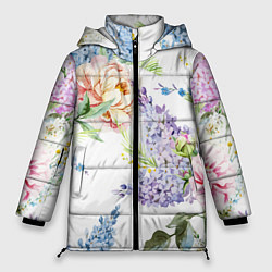 Куртка зимняя женская Сирень и Пионы, цвет: 3D-черный