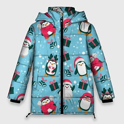 Куртка зимняя женская Новогодние Пингвины, цвет: 3D-черный