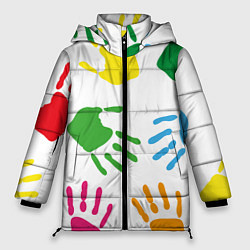 Куртка зимняя женская Цветные ладошки - Детский узор, цвет: 3D-черный