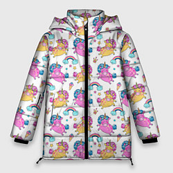 Куртка зимняя женская Цветные Единорожки Паттерн, цвет: 3D-черный
