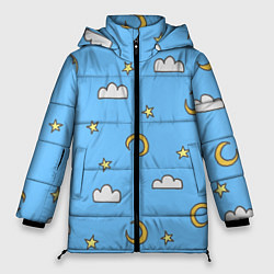 Куртка зимняя женская Облака, луна и звезды на небе, цвет: 3D-черный