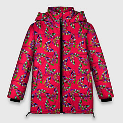 Женская зимняя куртка Бабочки на красном фоне