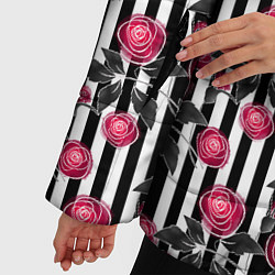 Куртка зимняя женская Акварельные розы на полосатом, цвет: 3D-черный — фото 2