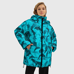 Куртка зимняя женская Синий камуфляж с дельфинами, цвет: 3D-черный — фото 2