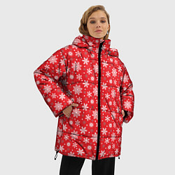 Куртка зимняя женская Снежинки красный фон, цвет: 3D-черный — фото 2