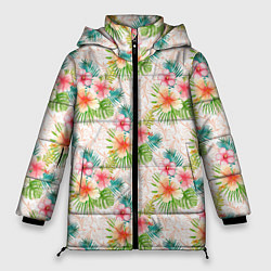 Куртка зимняя женская Гавайские цветы, цвет: 3D-черный