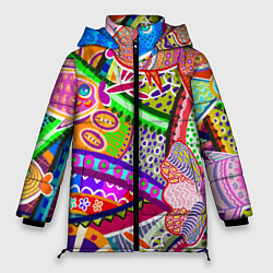 Куртка зимняя женская Разноцветные яркие рыбки на абстрактном цветном фо, цвет: 3D-черный