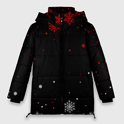 Куртка зимняя женская КРАСНО БЕЛЫЕ СНЕЖИНКИ НА ЧЁРНОМ ФОНЕ, цвет: 3D-черный
