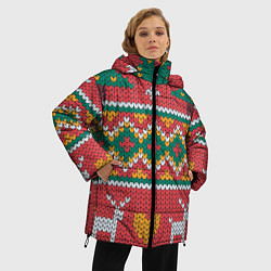 Куртка зимняя женская Вязаные олени в узоре, цвет: 3D-красный — фото 2
