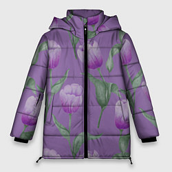 Куртка зимняя женская Фиолетовые тюльпаны с зелеными листьями, цвет: 3D-черный