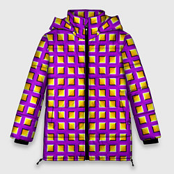 Куртка зимняя женская Фиолетовый Фон с Желтыми Квадратами Иллюзия Движен, цвет: 3D-светло-серый
