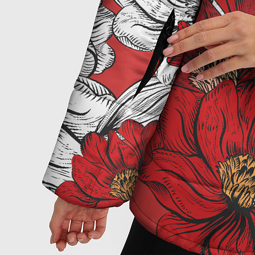 Женская зимняя куртка Цветы на алом фоне / 3D-Красный – фото 5