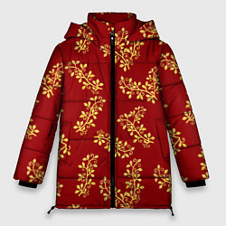 Женская зимняя куртка Золотые веточки на ярко красном фоне