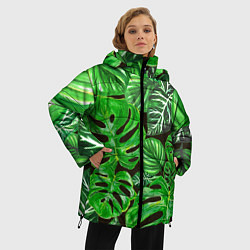 Куртка зимняя женская Тропические листья на темном фоне, цвет: 3D-красный — фото 2