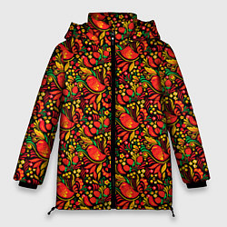 Женская зимняя куртка Желтые и красные цветы, птицы и ягоды хохлома