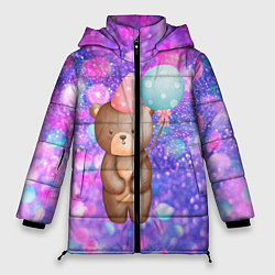 Куртка зимняя женская День Рождения - Медвежонок с шариками, цвет: 3D-черный