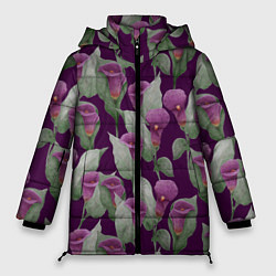 Женская зимняя куртка Фиолетовые каллы на темно фиолетовом фоне