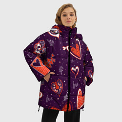 Куртка зимняя женская Красно-белые сердечки и слово love на темно фиолет, цвет: 3D-красный — фото 2