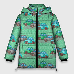 Куртка зимняя женская Детские машинки паттерн, цвет: 3D-красный