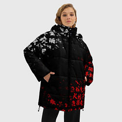 Куртка зимняя женская КРАСНО БЕЛЫЕ ИЕРОГЛИФЫ ЯПОНИЯ БРЫЗГИ, цвет: 3D-красный — фото 2