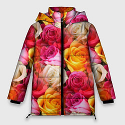 Куртка зимняя женская Красные, желтые и белые розы, цвет: 3D-черный