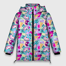 Женская зимняя куртка Единороги на радужном фоне с мороженым