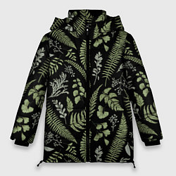 Женская зимняя куртка Зелёные листья папоротника на черном фоне