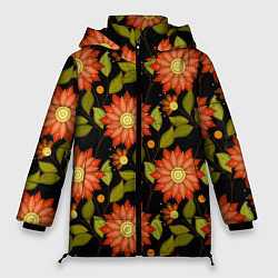 Куртка зимняя женская Оранжевые цветы на черном фоне, цвет: 3D-красный