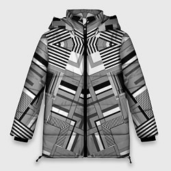 Куртка зимняя женская Черно белый современный геометрический узор Симмет, цвет: 3D-красный