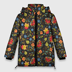 Куртка зимняя женская Хохломские цветочки, цвет: 3D-черный