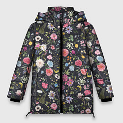 Женская зимняя куртка Разные цветы, листья, травы на темном фоне