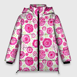Куртка зимняя женская Яркие розовые цветы в дудл стиле, абстракция, цвет: 3D-черный