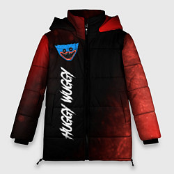 Женская зимняя куртка Надпись и лицо Huggy Wuggy на темном фоне с огнем