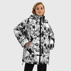 Куртка зимняя женская Чёрно белые черепа и маки, цвет: 3D-черный — фото 2