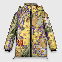 Куртка зимняя женская Цветы Нарциссы и Зайцы, цвет: 3D-красный