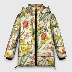 Куртка зимняя женская Цветы Весенние Тюльпаны, цвет: 3D-светло-серый