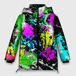 Женская зимняя куртка Разноцветные пятна краски на черном фоне