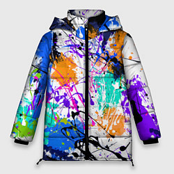 Женская зимняя куртка Брызги и мазки разноцветных красок на белом фоне