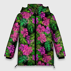 Женская зимняя куртка Тропические листья и цветы на черном фоне