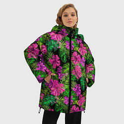 Куртка зимняя женская Тропические листья и цветы на черном фоне, цвет: 3D-черный — фото 2