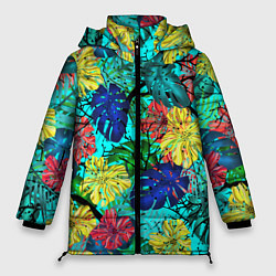 Женская зимняя куртка Тропические растения на бирюзовом фоне