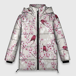 Куртка зимняя женская Цветы Сакуры и Птицы, цвет: 3D-красный