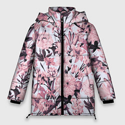 Куртка зимняя женская Цветы Розовые Пионы На Светлом Фоне, цвет: 3D-красный